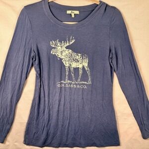 G H Bass Co Long Sleeve T Shirt Blue Moose Graphic Print Women's Size Small